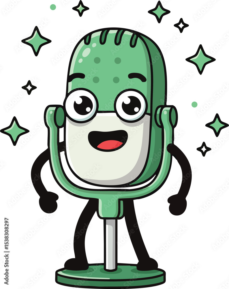 Poster green animated microphone character with sparkles and happy expression vector illustration