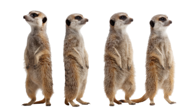 Four meerkats standing upright