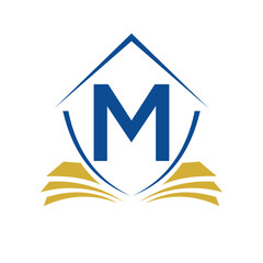 Education Logo On Letter M Concept With Book Symbol Vector Template