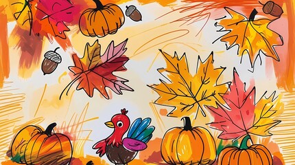 Illustration of fall season with pumpkins leaves acorns and a colorful turkey
