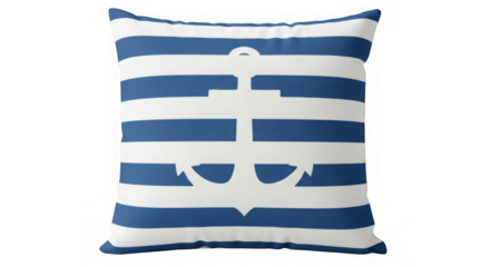 A square pillow displays blue and white stripes, adorned with a white anchor emblem in the center.