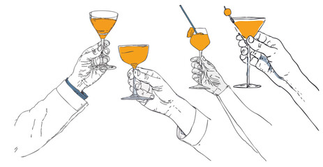 Elegant sketch of party hands raising glasses for a toast