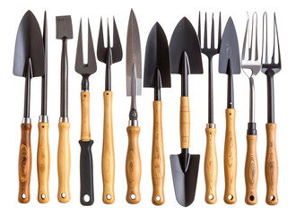 Set of Essential Gardening Tools with Wooden Handles, Side Angle, Transparent Background