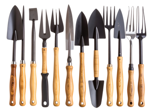 Set of Essential Gardening Tools with Wooden Handles, Side Angle, Transparent Background