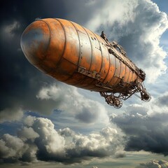 Obraz premium A steampunk airship hovering in mid-air against a stormy sky, vintage style, detailed mechanical parts, muted colors.