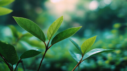 Fresh green leaves in a lush garden with natural bokeh lighting