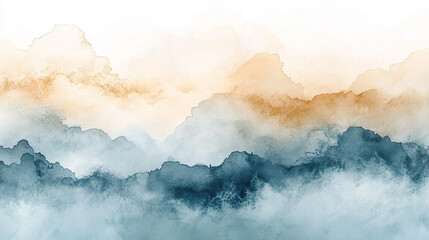 Abstract watercolor mountain landscape.
Misty blue and orange landscape art.