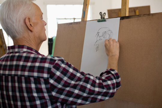 Artist is sketching head portrait with pencil at wooden easel in bright studio with windows