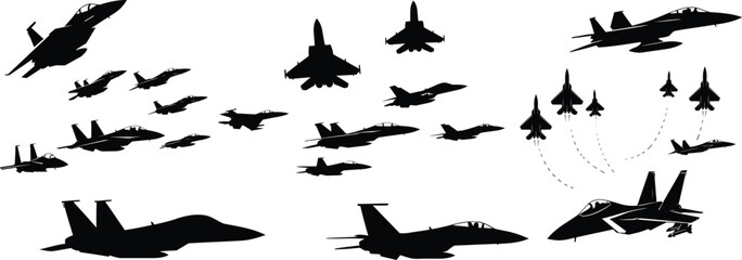 Fototapeta premium Dynamic Display of Jet Aircraft Silhouettes Showcasing Military Power and Aerial Maneuverability in Formation and Solo Flight Exhibitions