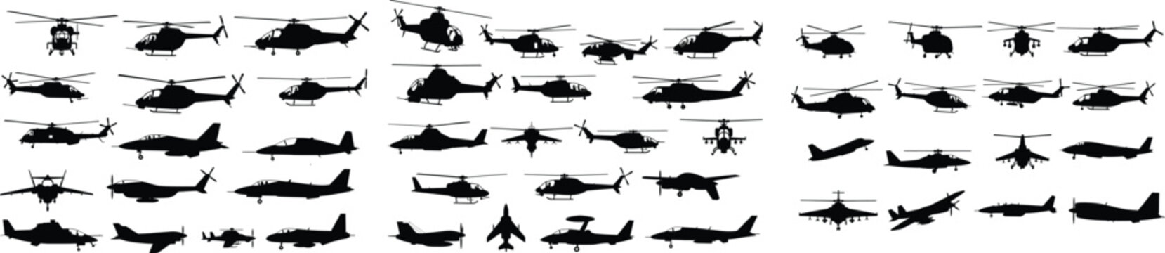 Fototapeta Comprehensive Guide to Helicopters: Types, Uses, and Technologies.Diverse Array of Silhouetted Aircraft An Overview of Helicopters and Airplanes in Flight Aerospace and Aviation Design Elements