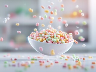 A surreal levitating bowl of glowing cereal, with milk droplets frozen mid-air, vibrant and whimsical, pastel tones, sharp focus.