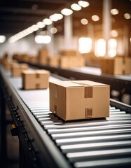 Cardboard boxes on a conveyor belt in a modern warehouse, showcasing automation and logistics in industrial settings.