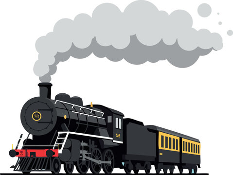 Vintage steam train with smoke and yellow passenger cars vector illustration 