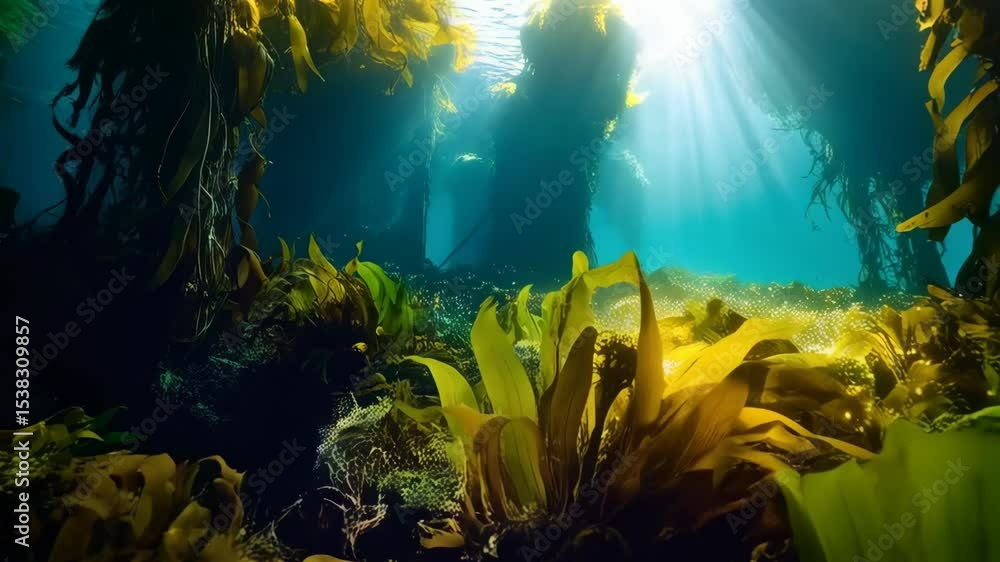 Poster underwater view of swaying seaweed with sunbeams filtering through the ocean water creating a tranqu