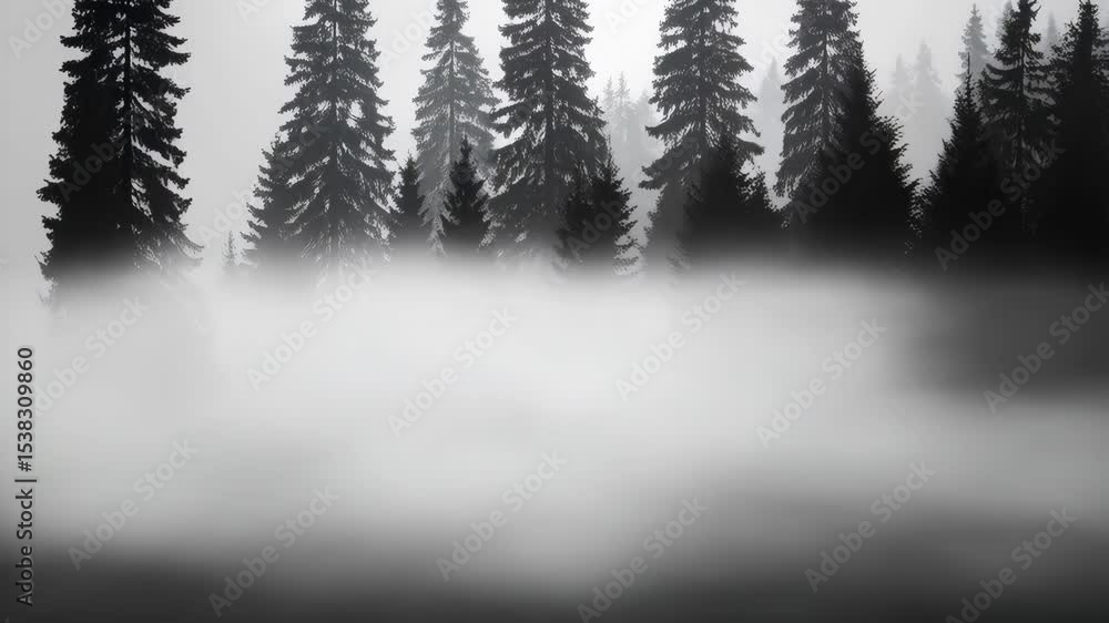 Poster misty forest landscape featuring tall coniferous trees shrouded in thick fog creating a serene and m
