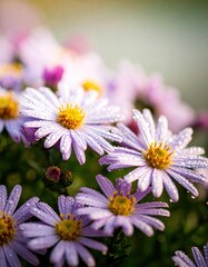 Fototapeta premium ** Vibrant purple aster flowers covered in morning dew, captured in a close-up shot with a soft focus background. **