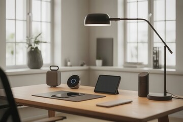 A desk with a lamp and various electronic devices in a bright room