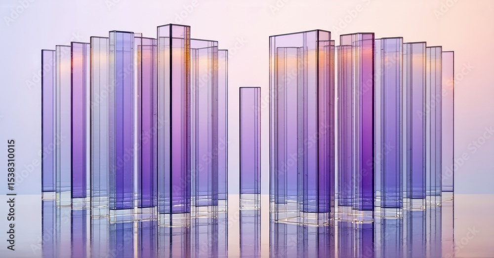 Poster Abstract composition featuring translucent rectangular columns. Colors shift from purple to pink, reflected on glossy surface. Minimalist design.