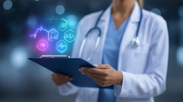Female Doctor Conducting Medical Analysis with Data Clipboard