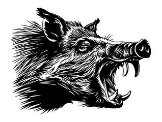 Roaring Wild Boar Head – Detailed Black and White Vector