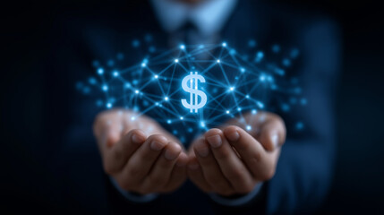 Businessman with Banking Icons and AI Technology in a Digital Network