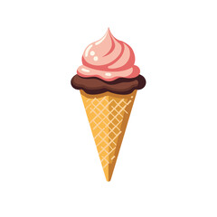 Strawberry and chocolate ice cream cone on white, with space for copy