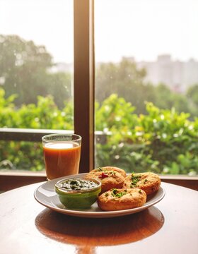 Delicious bread pakoras served with vibrant green chutney and steaming Indian chai, perfect for a cozy monsoon snack or traditional Indian breakfast by the window
