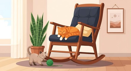 Cozy Cat Nap Orange Tabby Relaxing in Rocking Chair