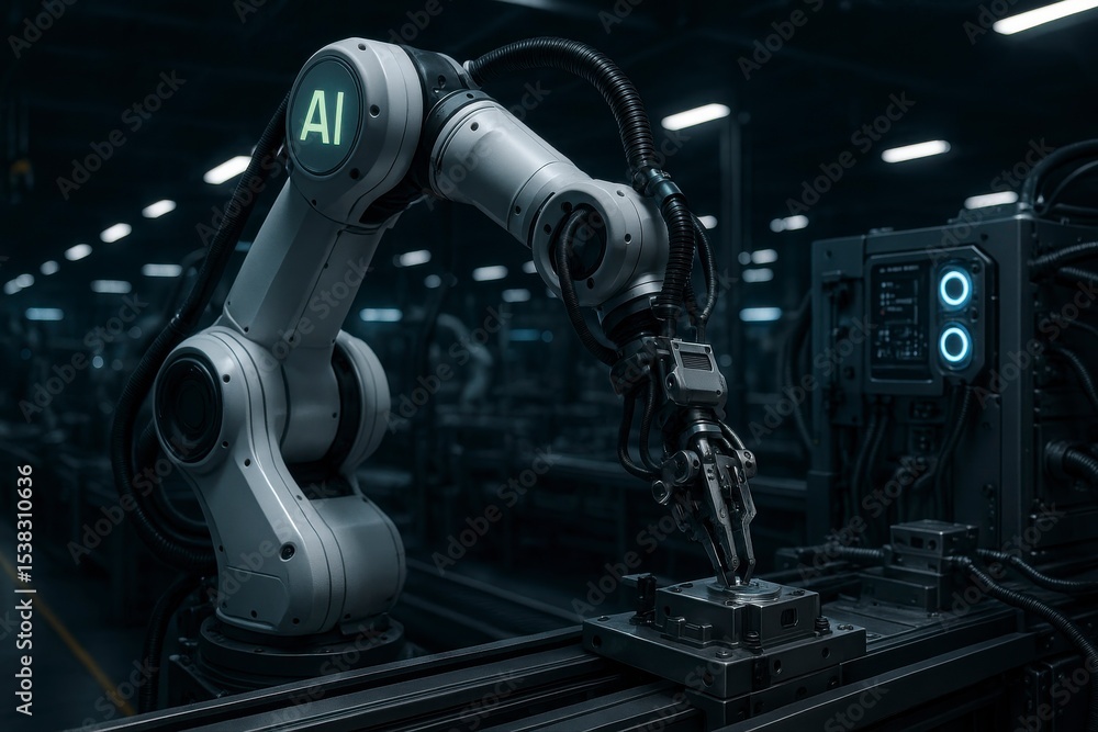 Poster robotic arm with ai illuminated on its side in a factory setting dark