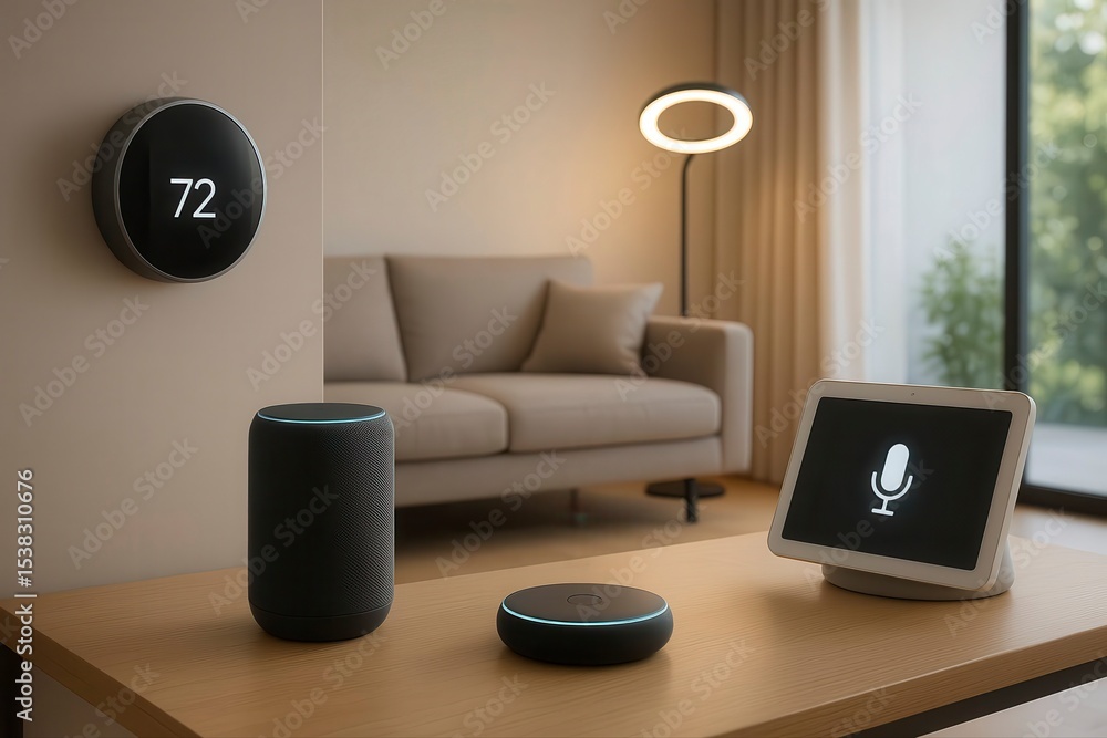 Poster smart home devices on a table with a thermostat and a ring light view
