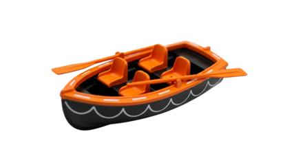 A vivid orange and black rowboat with oars and four seats, floats serenely awaiting adventure.