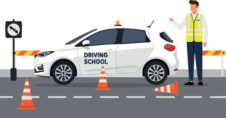 Naklejka premium Driving school car with instructor and traffic cones on road for learner training 