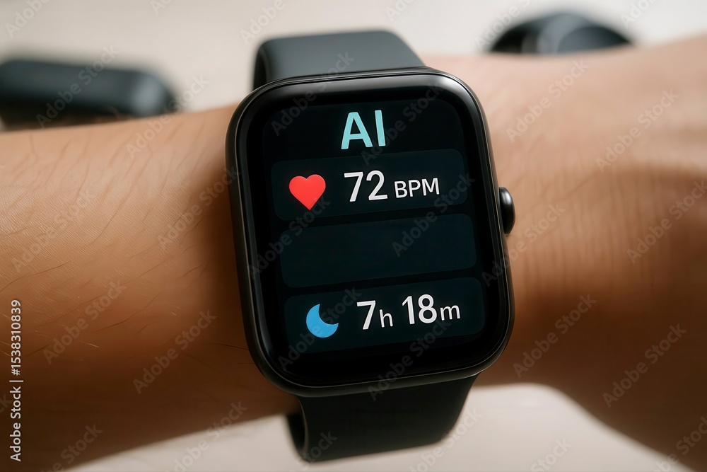 Poster close up of a smart watch displaying ai heart rate and sleep data on wrist