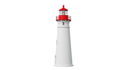 A white lighthouse with a red top stands tall, rendered in a clean, detailed style on background.
