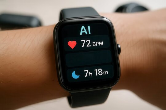 Close up of a smart watch displaying ai heart rate and sleep data on wrist