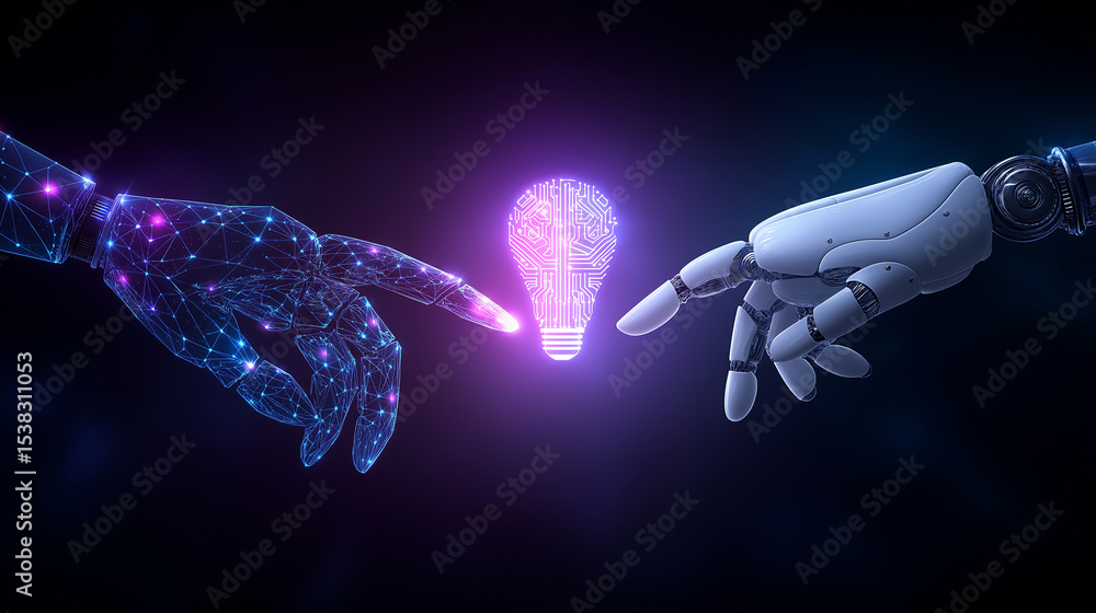 Poster human and robot hands touching in a data network