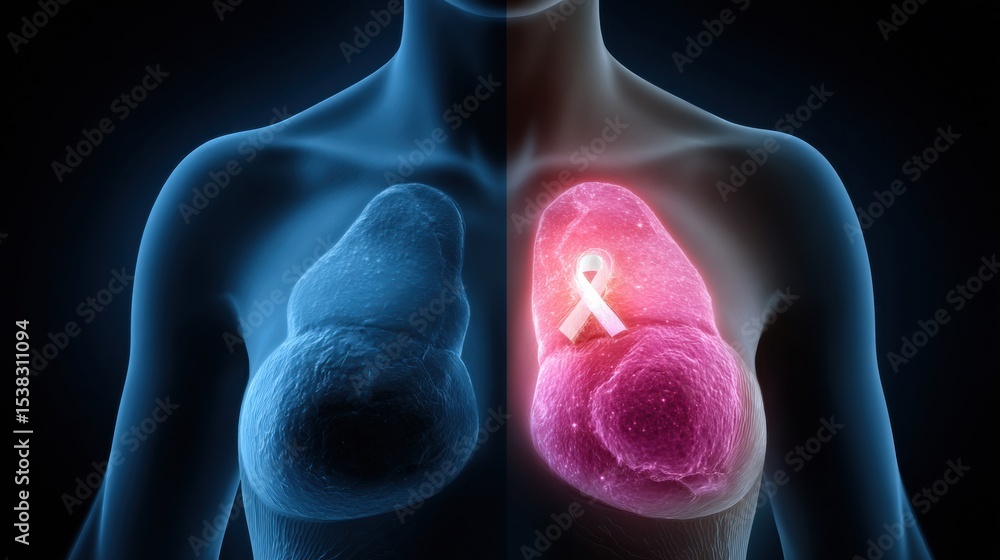 Poster x-ray effect illustrating healthy breast tissue compared to cancerous tissue with awareness ribbon i