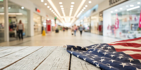 American flag is placed on a wooden table in the department store as part of a display concept for promotions on Memorial Day