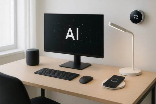 A desk setup with a computer displaying ai, a lamp, and smart devices - Powered by Adobe