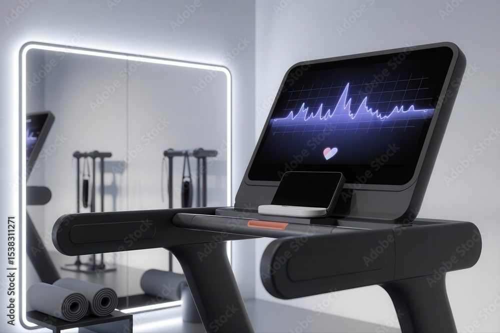 Poster close up of a treadmill with a heart rate monitor display in a gym area