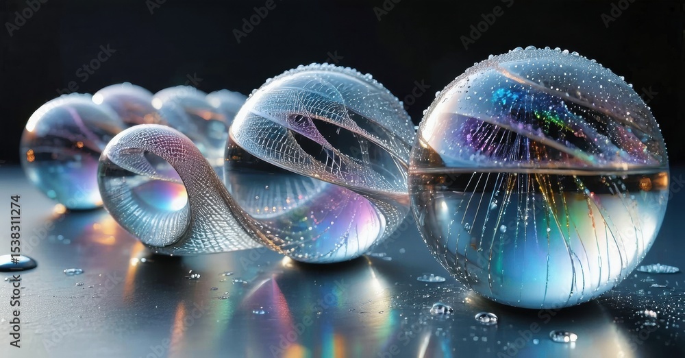 Poster glass orbs display vibrant colors, reflections. water droplets create shimmering effects on dark sur