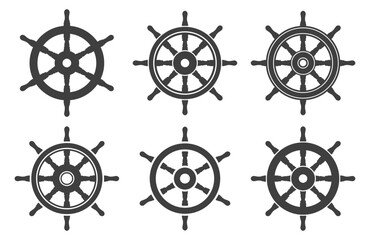 Ship rudder icon symbol shape set. Ship helm logo sign collection. Vessel Steering wheel silhouette. Vector illustration image. Isolated on white background.