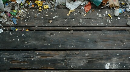 Litter scattered across a weathered wooden surface.