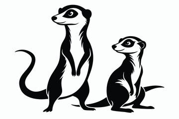 Two stylized meerkats are standing alert, black and white art in silhouette fashion