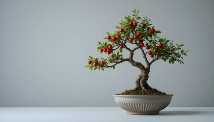 Fototapeta premium Red-backed bonsai tree in a pot, a small Japanese art plant for home decoration