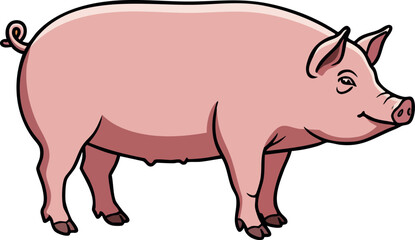 Fototapeta premium Pink pig farm animal illustration in vector art style with natural pose 