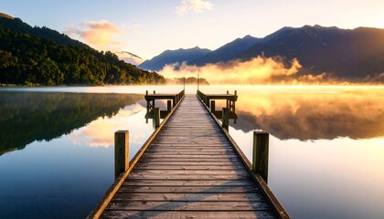 Dock overlooking misty lake at sunrise.