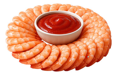 Plump shrimp cocktail arranged in a circular pattern around a bowl of rich red cocktail sauce.