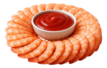 Plump shrimp cocktail arranged in a circular pattern around a bowl of rich red cocktail sauce.