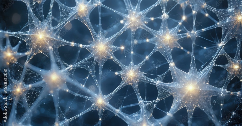 Poster Abstract network illustration. Bright points connect via lines, forming complex patterns. Blue tones dominate background. Futuristic, digital aesthetic.